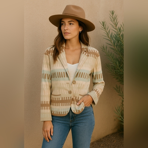 Pendleton Sweaters - Pendleton Southwestern Knit Blazer Tan Blue Stripe Pattern Boho Western Minimali